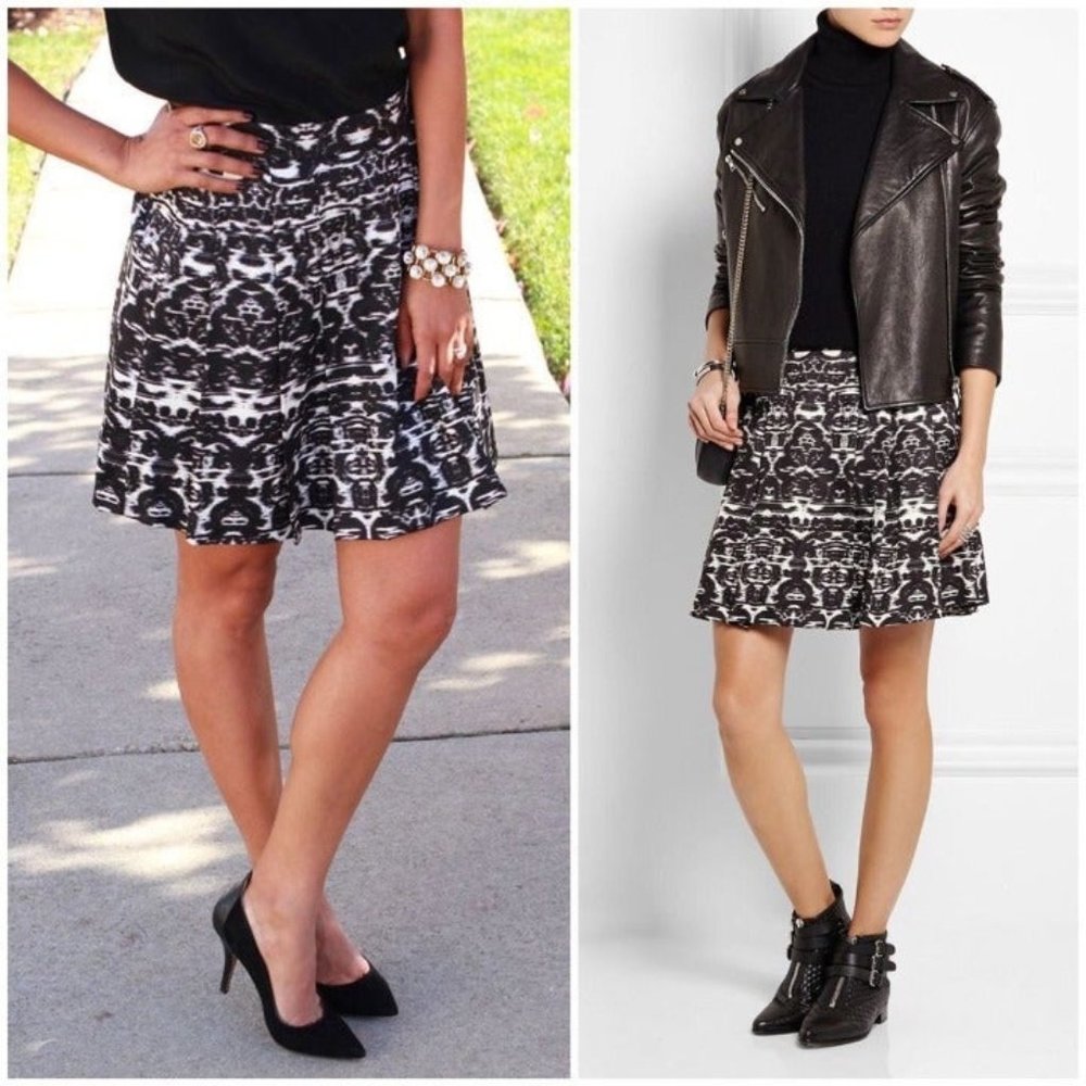 J. CREW Mini Skirt Ikat Batik Print Pleated A Line Satin Black White XS Size 2